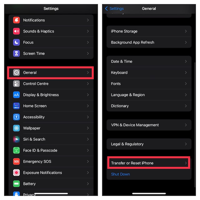 ఐఫోన్ను బదిలీ చేయండి లేదా రీసెట్ చేయండి